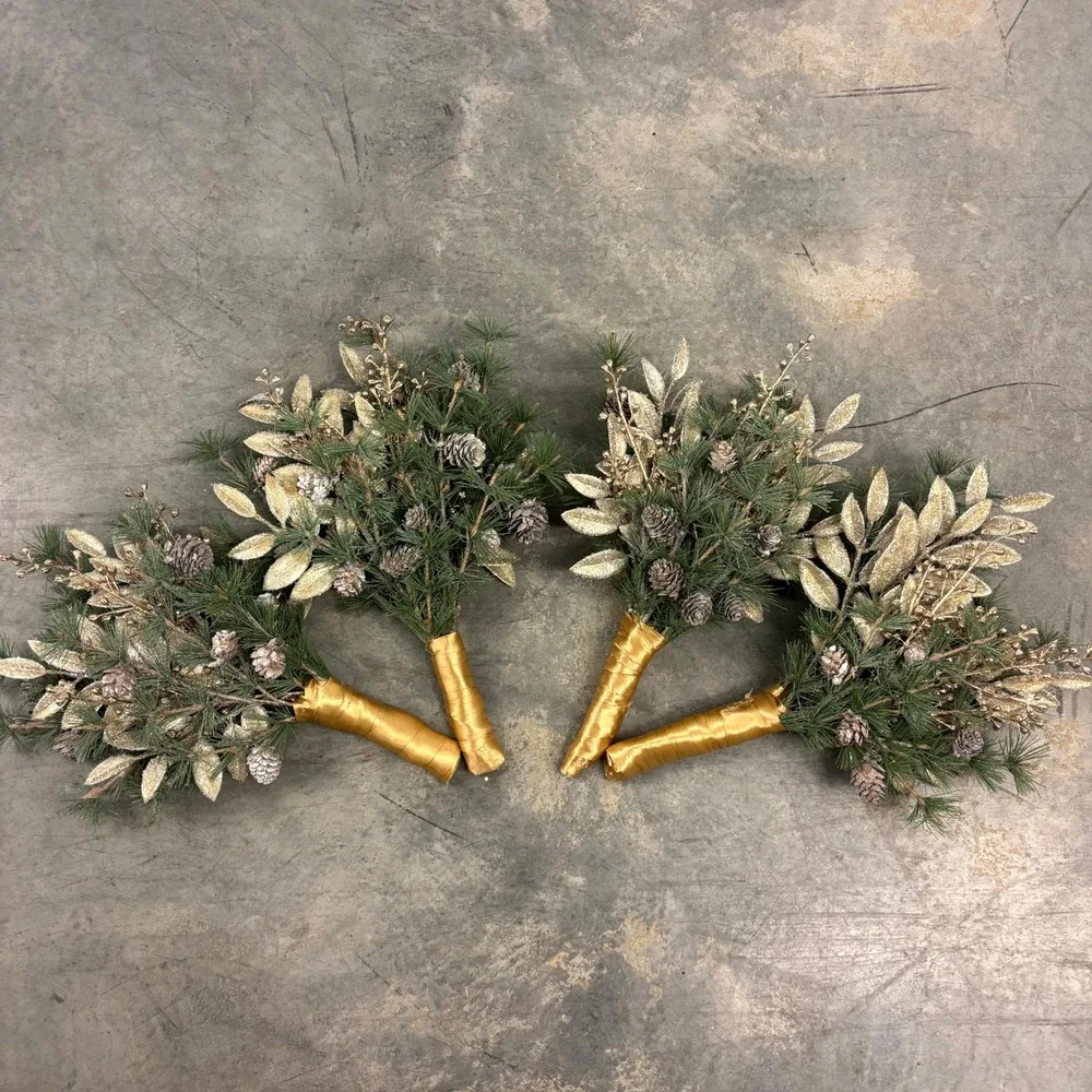 Set of 4 Winter Pine Floral Picks Gold Leaves Pinecones Holiday Christmas Decor